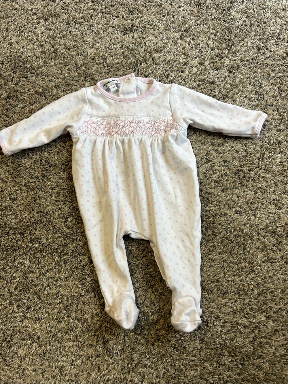 Magnolia Baby Gingham Dots Pink Smocked Footie Premie Sleeper